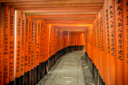 A bend in one of the twin torii tunnel at Fushimi Inari Taisha