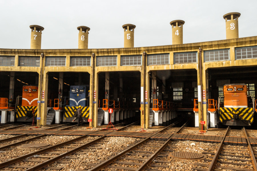 Trains at rest in the Changhua Roundhouse