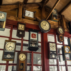 Vintage clocks at Hexing Station