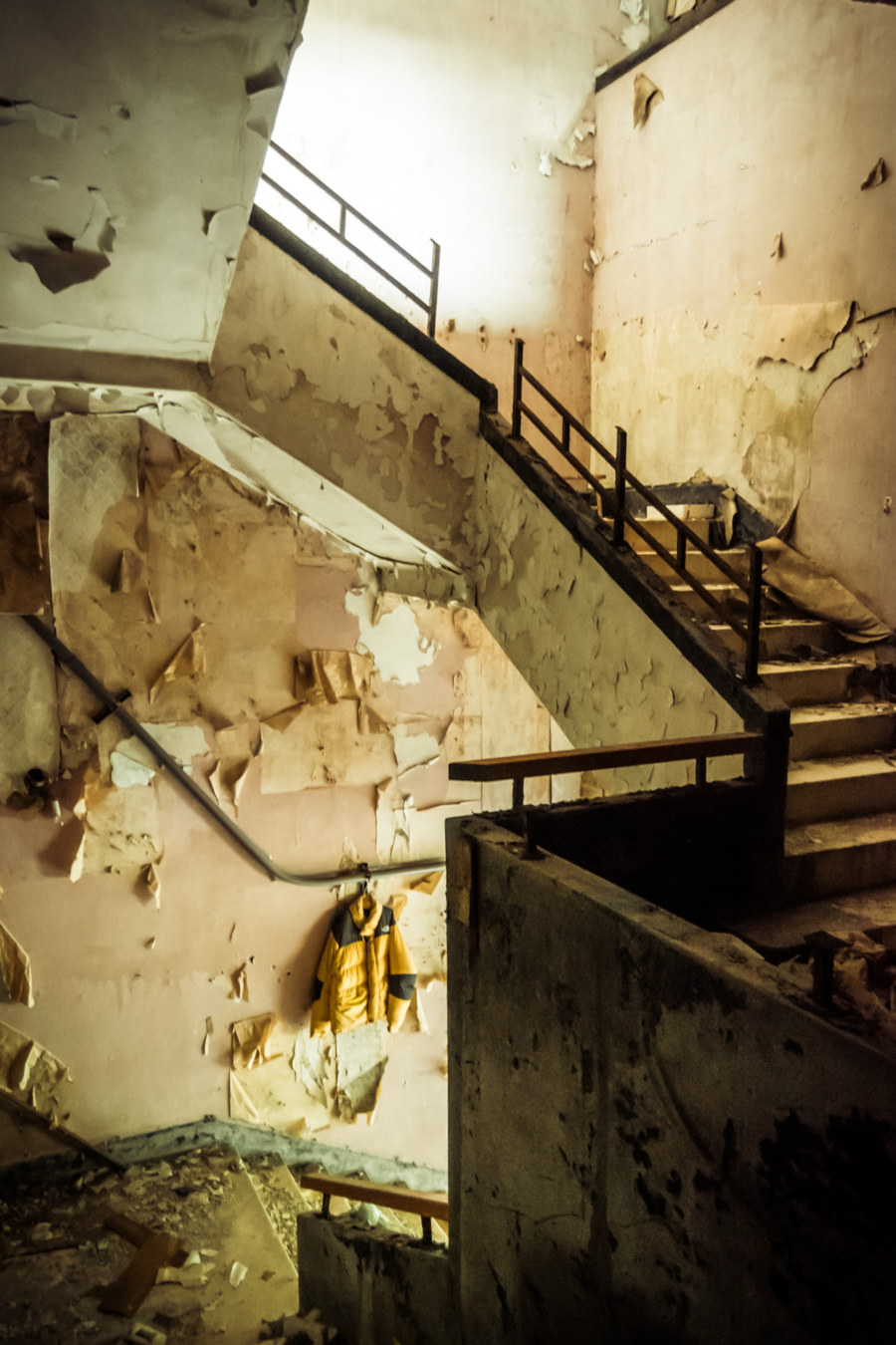 Stairway inside an abandoned hot springs hotel in Beitou