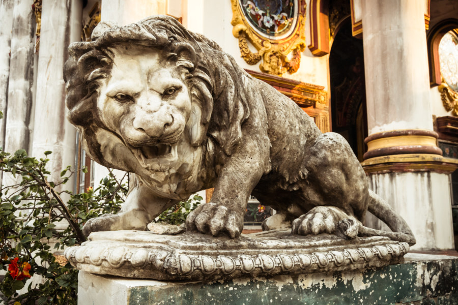 A lion guards the entrance