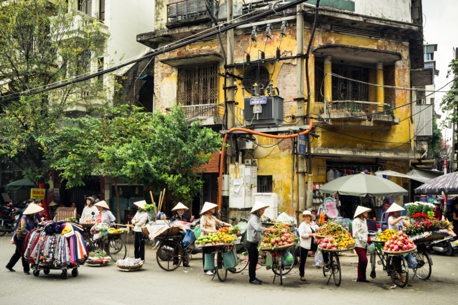 Hanoi street vendors gather outside the train station